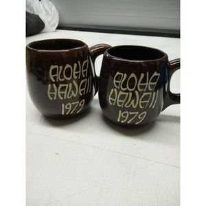 Set of 2 Sales Hawaii Aloha 1979 Glazed Coffee Cup Mugs Sales Hawaii